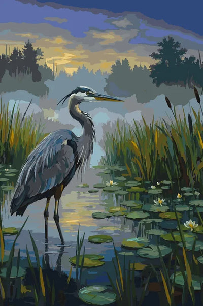 Heron standing in marsh with lily pads paint by numbers.