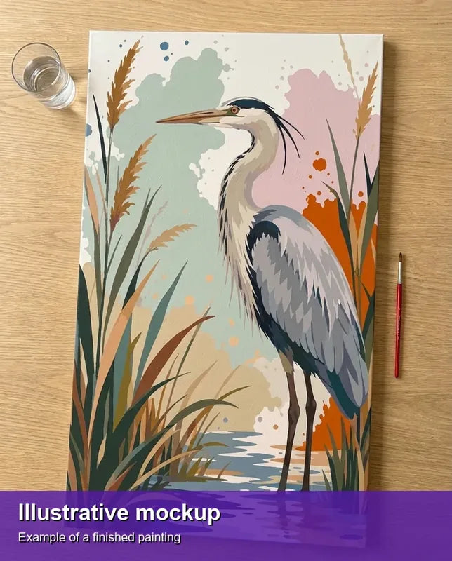 Illustration of the completed paint by numbers - Heron in Reeds 40x70cm