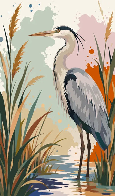 Grey heron in the reeds Paint By Numbers. 40x70cm canvas.