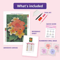 Thumbnail for Hibiscus and Plumeria 30x40cm diamond painting kit contents: adhesive canvas, color chart, tools and diamond bags