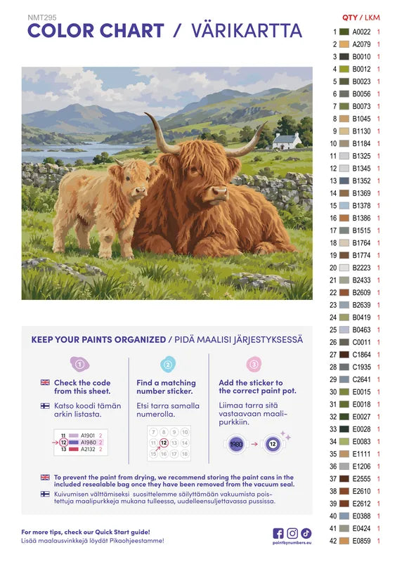 Paint color chart and instructions - Highland Cow and Calf at Rest 50x40cm