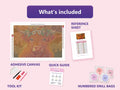 Thumbnail for Highland Cow and Crown 60x40cm diamond painting kit contents: adhesive canvas, color chart, tools and diamond bags