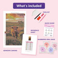Thumbnail for Highland Cow at Sunset 40x70cm diamond painting kit contents: adhesive canvas, color chart, tools and diamond bags