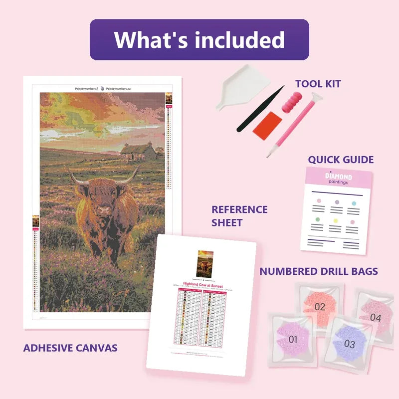 Highland Cow at Sunset 40x70cm diamond painting kit contents: adhesive canvas, color chart, tools and diamond bags