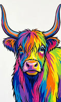 Thumbnail for Diamond painting of a rainbow-colored Highland cow on a white background.