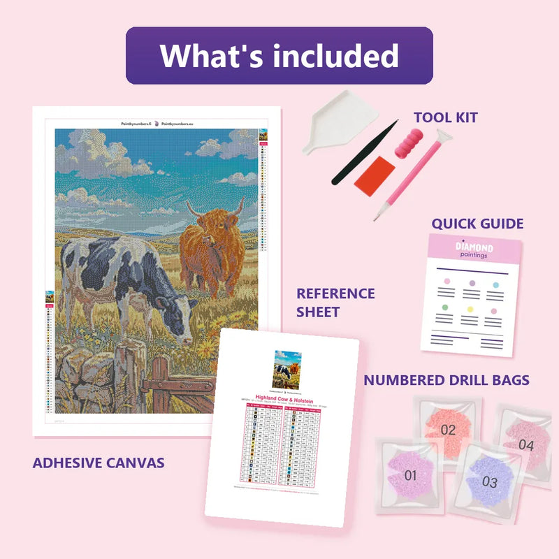 What is included in the Highland Cow & Holstein diamond painting kit - adhesive canvas, reference sheet, tools and numbered drill bags