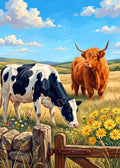 Thumbnail for Diamond Painting featuring a cow and Highland cattle grazing in a colorful country meadow.