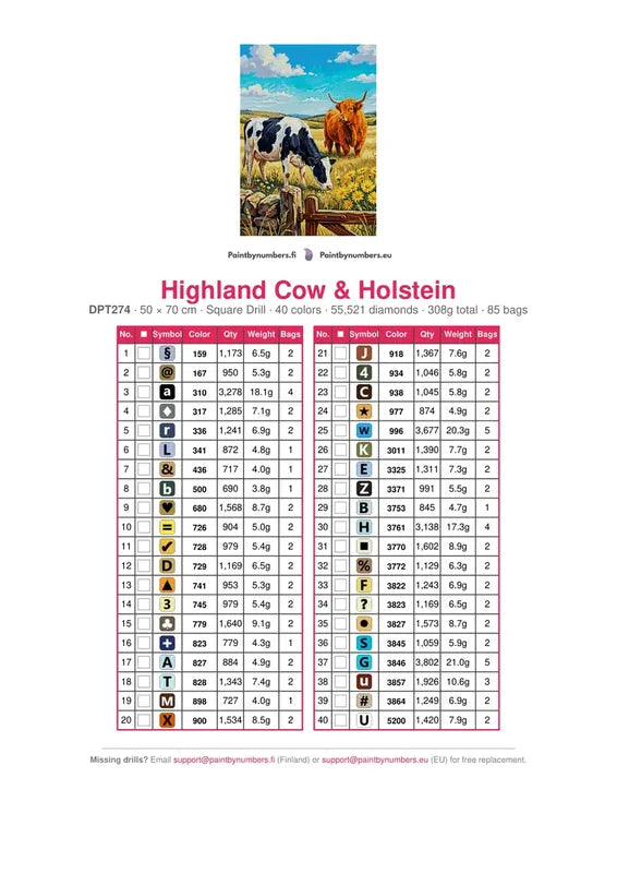 DMC color chart for Highland Cow & Holstein diamond painting - 40 colors