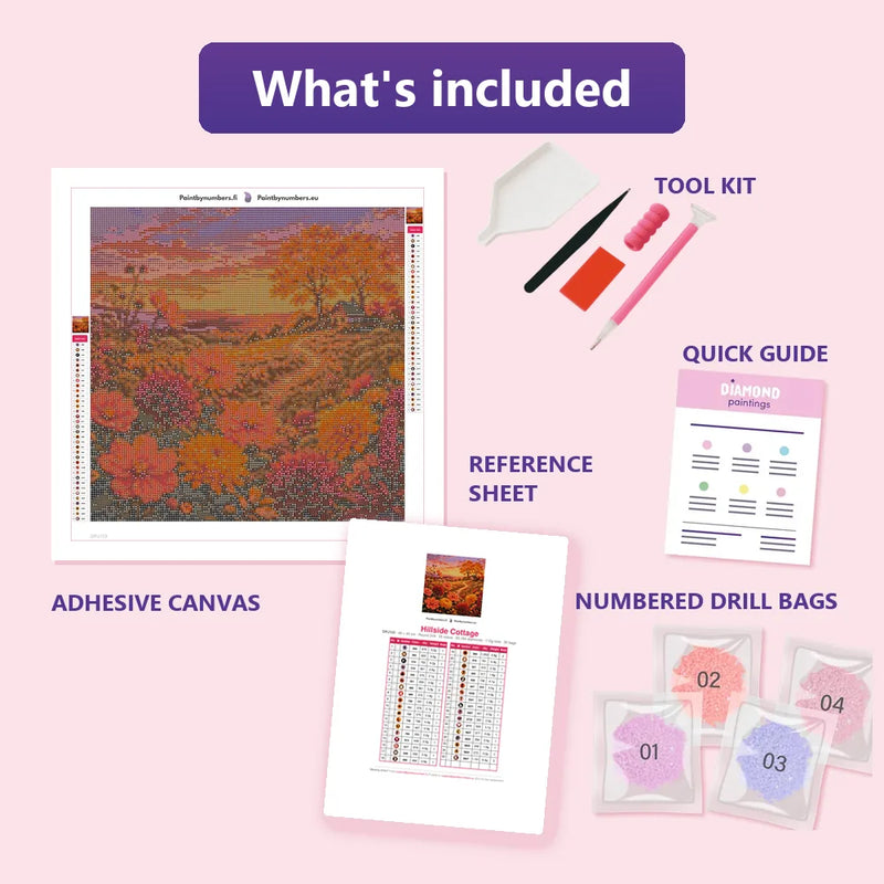 What is included in the Hillside Cottage diamond painting kit - adhesive canvas, reference sheet, tools and numbered drill bags