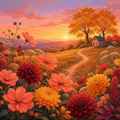 Diamond Painting of a blooming meadow, orange and yellow sunset, small cottage in the background.
