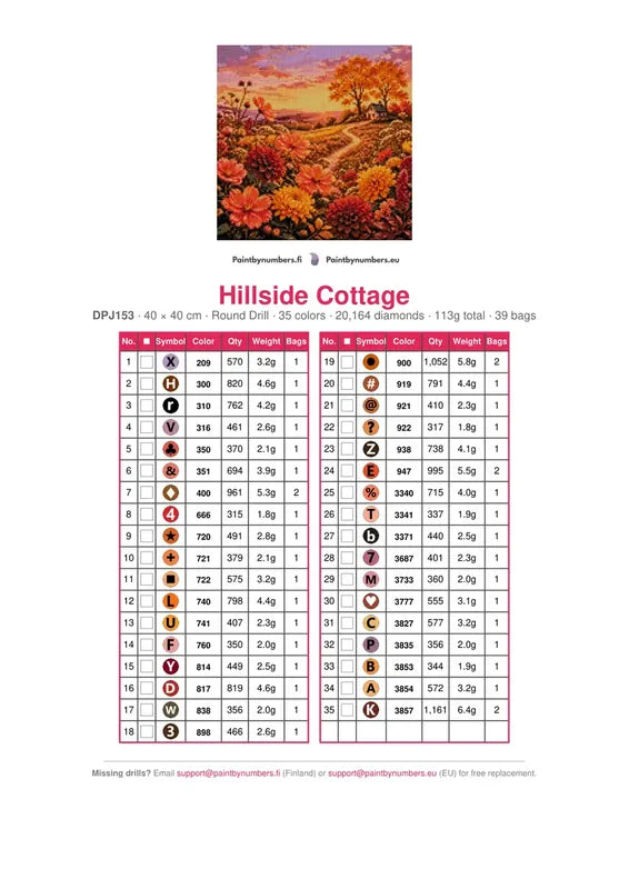DMC color chart for Hillside Cottage diamond painting - 35 colors