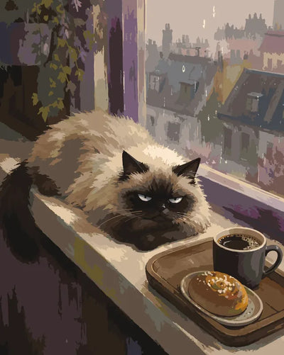 Long-haired Himalayan cat, coffee and pastry paint by numbers