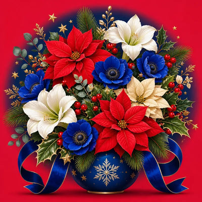Diamond Painting of a winter floral arrangement with red, blue, and white flowers plus stars.