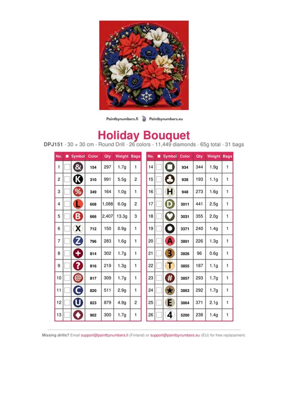 DMC color chart for Holiday Bouquet diamond painting - 26 colors
