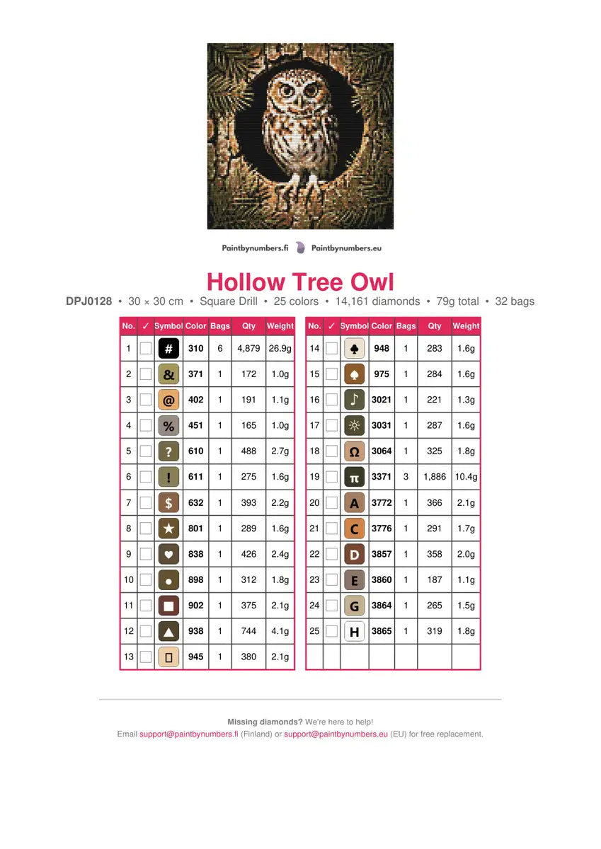 Hollow Tree Owl diamond painting color chart – 25 DMC colors