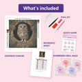 Thumbnail for Hollow Tree Owl 30x30cm diamond painting kit contents: adhesive canvas, color chart, tools and diamond bags