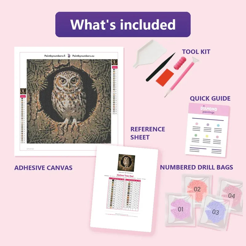 Hollow Tree Owl 30x30cm diamond painting kit contents: adhesive canvas, color chart, tools and diamond bags