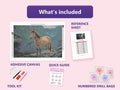 Thumbnail for Horse by the Water 60x40cm diamond painting kit contents: adhesive canvas, color chart, tools and diamond bags