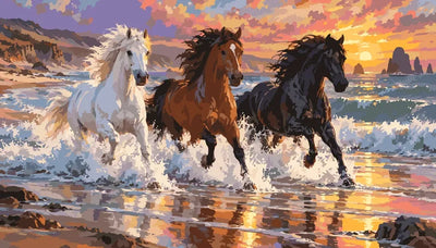 Three horses running on a beach paint by numbers.