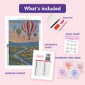 Thumbnail for What is included in the Hot Air Balloons over the Patchwork Valley diamond painting kit - adhesive canvas, reference sheet, tools and numbered drill bags