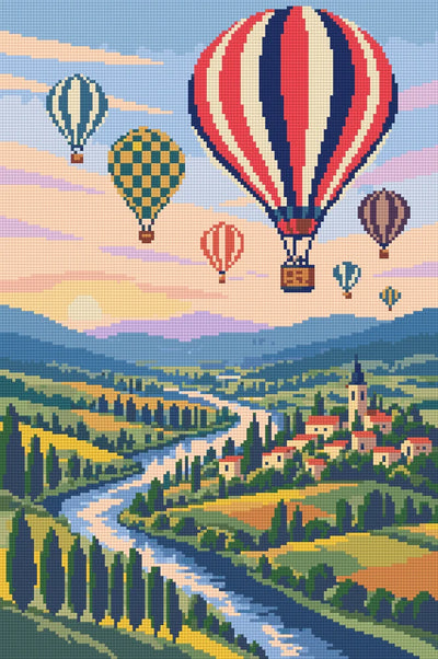 hot air balloons over a patchwork river valley at dawn, 40x60 cm diamond painting – finished design preview