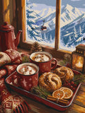 Thumbnail for Two mugs of hot chocolate and pastries in a winter paint by numbers scene.