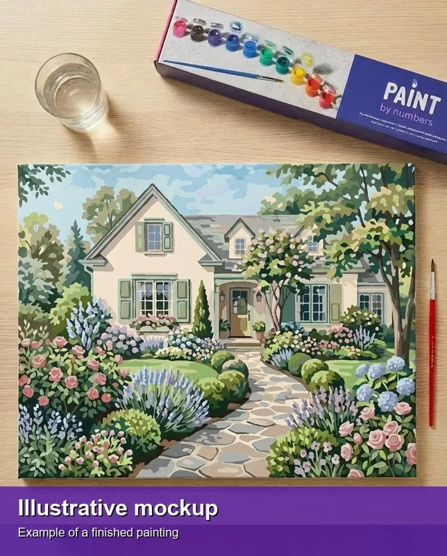 Illustration of the finished paint by numbers - House with Flower Garden 50x40cm
