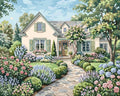 Thumbnail for House and flower garden Paint By Numbers, a light-colored house, colorful flowers, and a stone path.