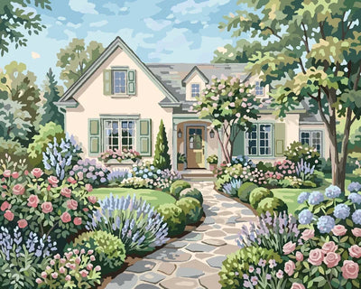 House and flower garden Paint By Numbers, a light-colored house, colorful flowers, and a stone path.
