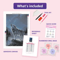Thumbnail for Howling the Moon 40x60cm diamond painting kit contents: adhesive canvas, color chart, tools and diamond bags