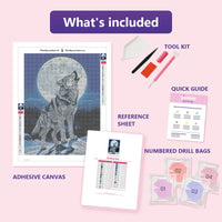 Thumbnail for Howling Wolf 30x40cm diamond painting kit contents: adhesive canvas, color chart, tools and diamond bags