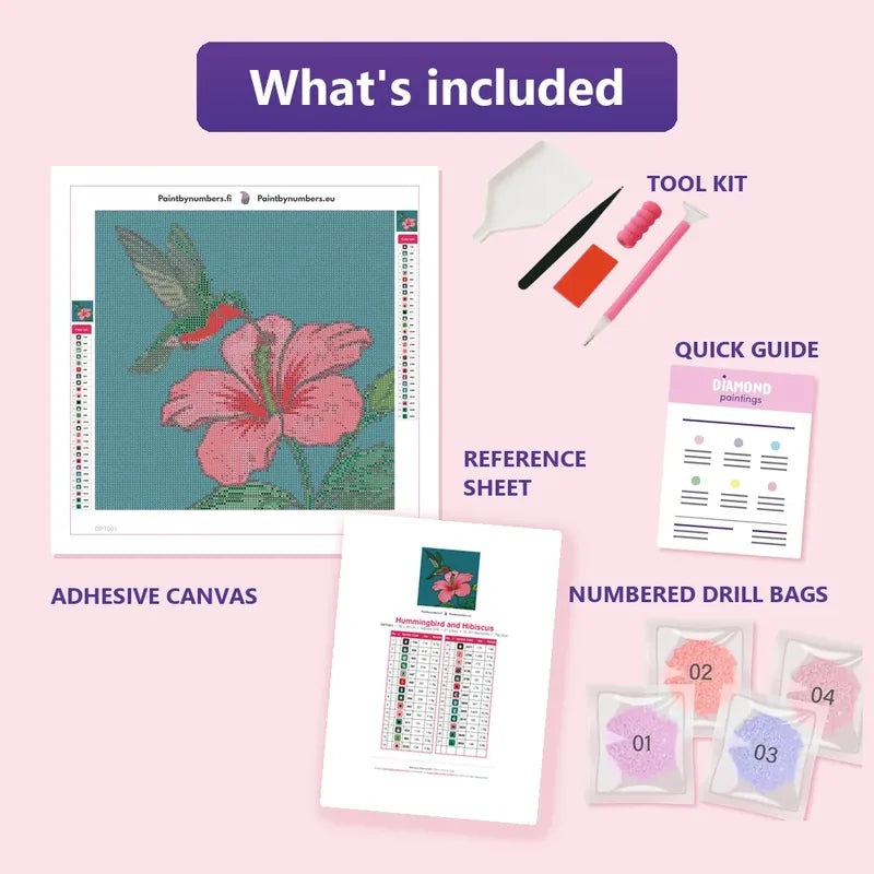 Hummingbird and Hibiscus 30x30cm diamond painting kit contents: adhesive canvas, color chart, tools and diamond bags
