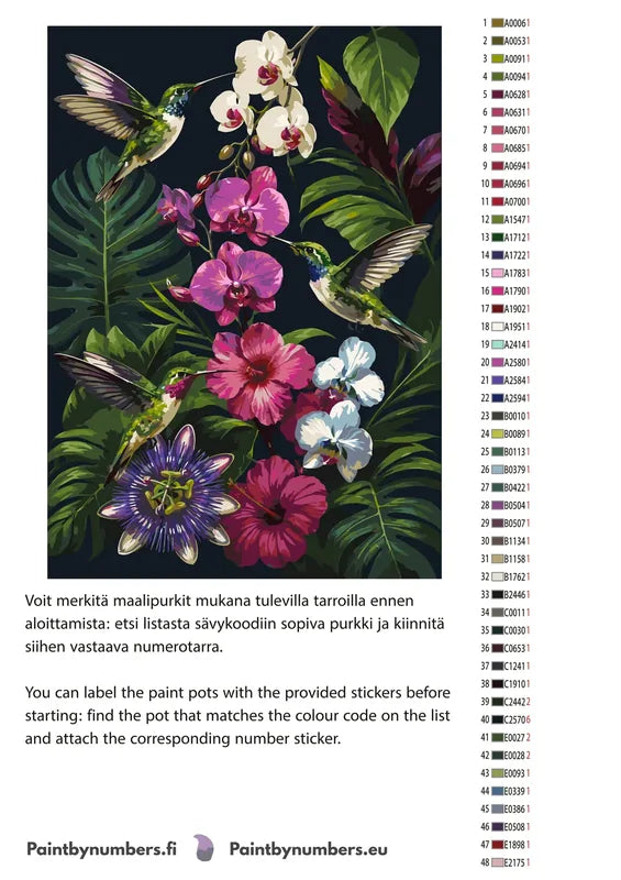 Paint color chart and instructions - Hummingbirds and Orchids 50x70cm
