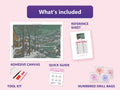Thumbnail for Hunters In The Snow 85x60cm diamond painting kit contents: adhesive canvas, color chart, tools and diamond bags