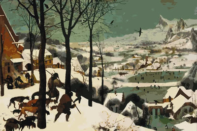 Paint by numbers of Bruegel's Hunters in the Snow: hunters and dogs on a snowy slope above skaters on frozen ponds.