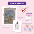 Thumbnail for What is included in the Hydrangea Still Life diamond painting kit - adhesive canvas, reference sheet, tools and numbered drill bags