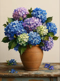 Thumbnail for Diamond Painting of hydrangea bouquet in clay pot with blue and purple flowers.