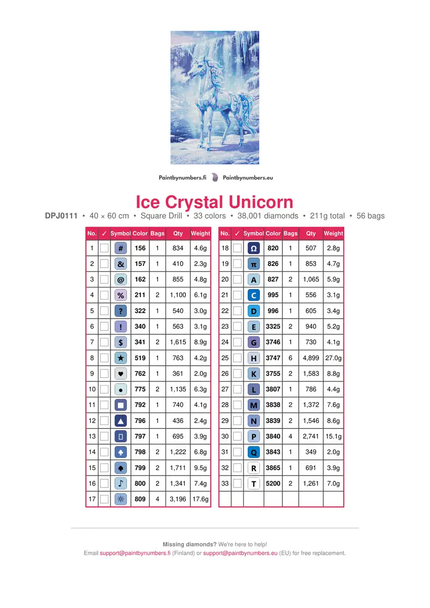 Ice Crystal Unicorn diamond painting color chart – 33 DMC colors