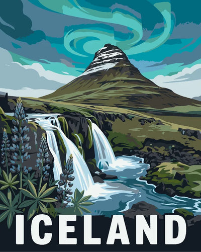 Iceland travel poster Paint By Numbers, waterfall and mountains