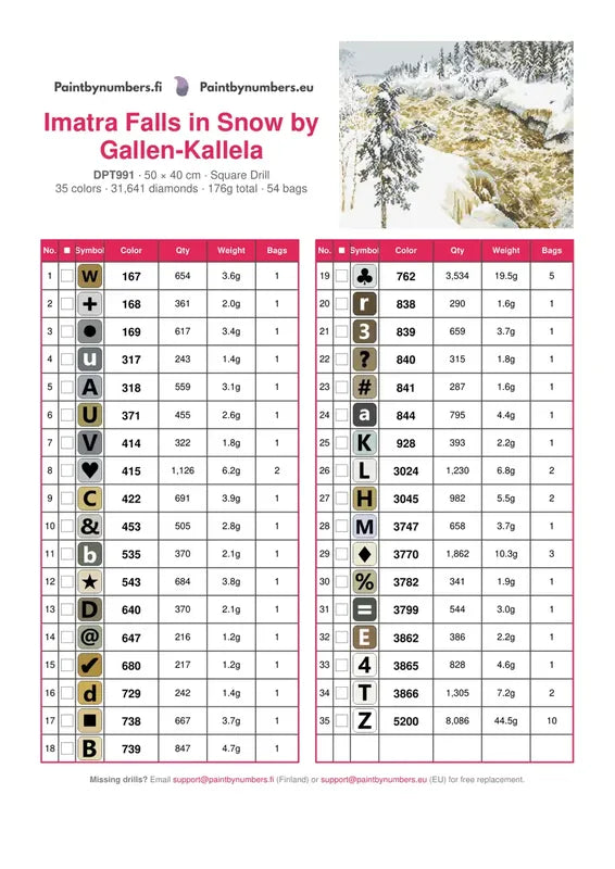 DMC color chart for Imatra Falls in Snow by Gallen-Kallela diamond painting - 35 colors