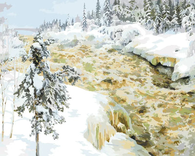Paint by numbers of Gallen-Kallela's Imatra in Winter: foaming rapids between snowy spruces and snowbanks.