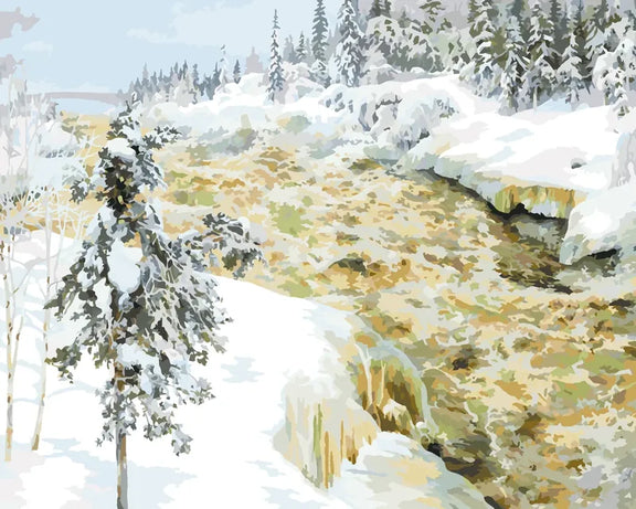 Paint by numbers of Gallen-Kallela's Imatra in Winter: foaming rapids between snowy spruces and snowbanks.