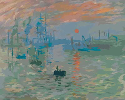 Paint by numbers of Monet's Impression, Sunrise with a rowing boat in a misty harbour under an orange sun