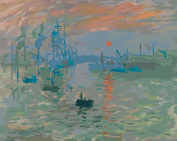 Måla efter nummer-tavla med Monets Impression. Soluppgång: en roddbåt under en orange sol