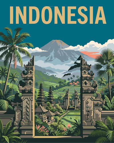 Indonesia travel poster Paint By Numbers, temple and mountains