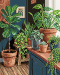 Miniatyrbild: Diamond painting-motiv med gröna krukväxter i ett rum med fönsterljus och en botanisk tavla