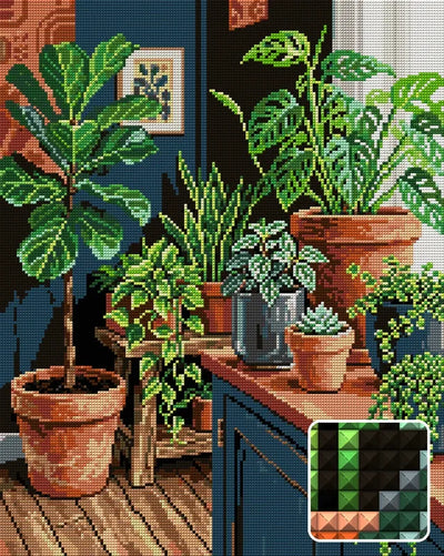 Indoor Greenery Collection, 40x50 cm diamond painting – finished design preview with a close-up of square drills