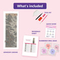 Thumbnail for What is included in the Ink Cranes Scroll diamond painting kit - adhesive canvas, reference sheet, tools and numbered drill bags