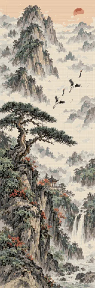 Ink Cranes Scroll, 40x120 cm diamond painting – finished design preview