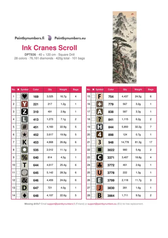 DMC color chart for Ink Cranes Scroll diamond painting - 28 colors